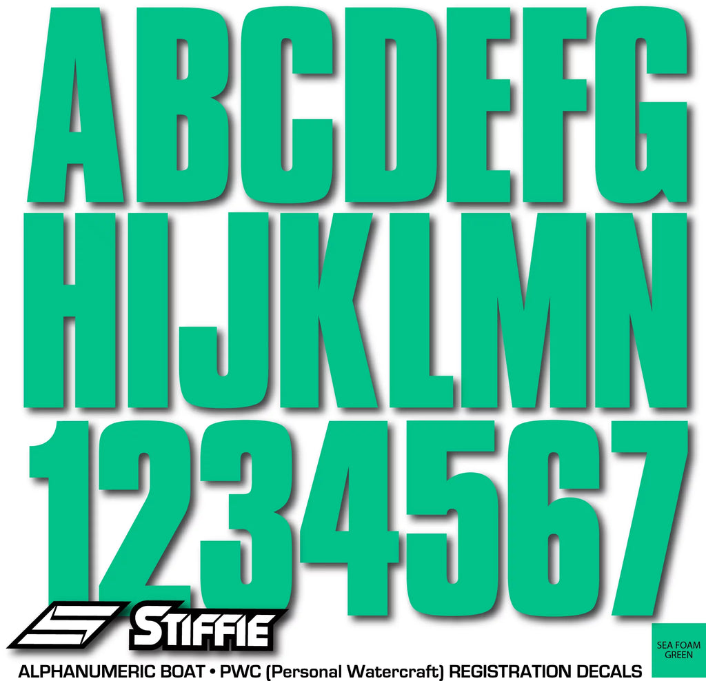 SeaFoam for STIFFIE Identification Numbers Personal Uniline Alpha-Numeric 3" Marine Custom Decals & Stickers Watercraft Boats & PWC Green Kit Letters Registration