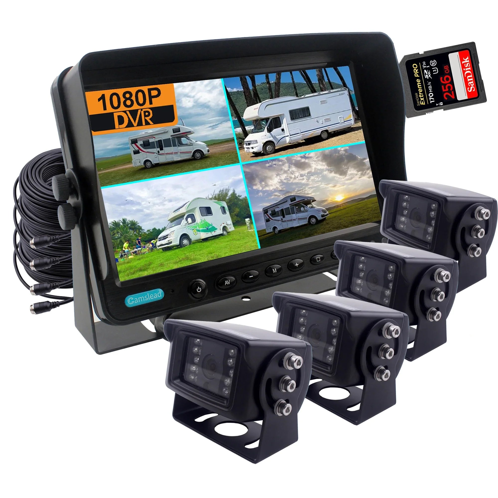 Channel Trucks, inch 1080P 256GB Split Caravans, Card, Quad Screen, 7 Camera Input, 4 Rear for CAMSLEAD Camera Trailers, Support Recorder, SD motorhomes, System, Backup 1080P View DVR RV Monitor