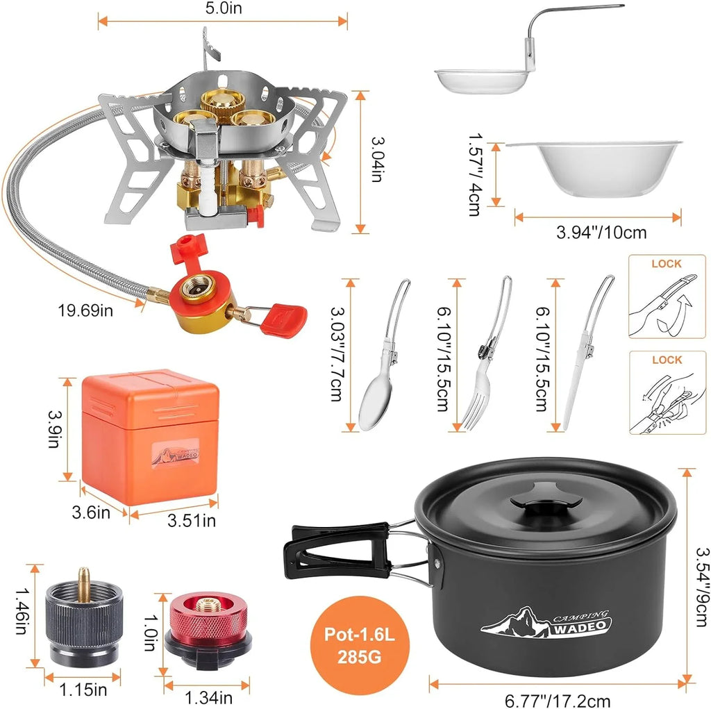 Backpacking with 6800W and Hiking Camping Camping Canister Soup Picnic Kit Fuel Stove, Cookware Spoon, WADEO Spoon for Camping Bowl Stove Pot, with Gas Windproof Outdoor Adapters, Camping Fork, Knife,