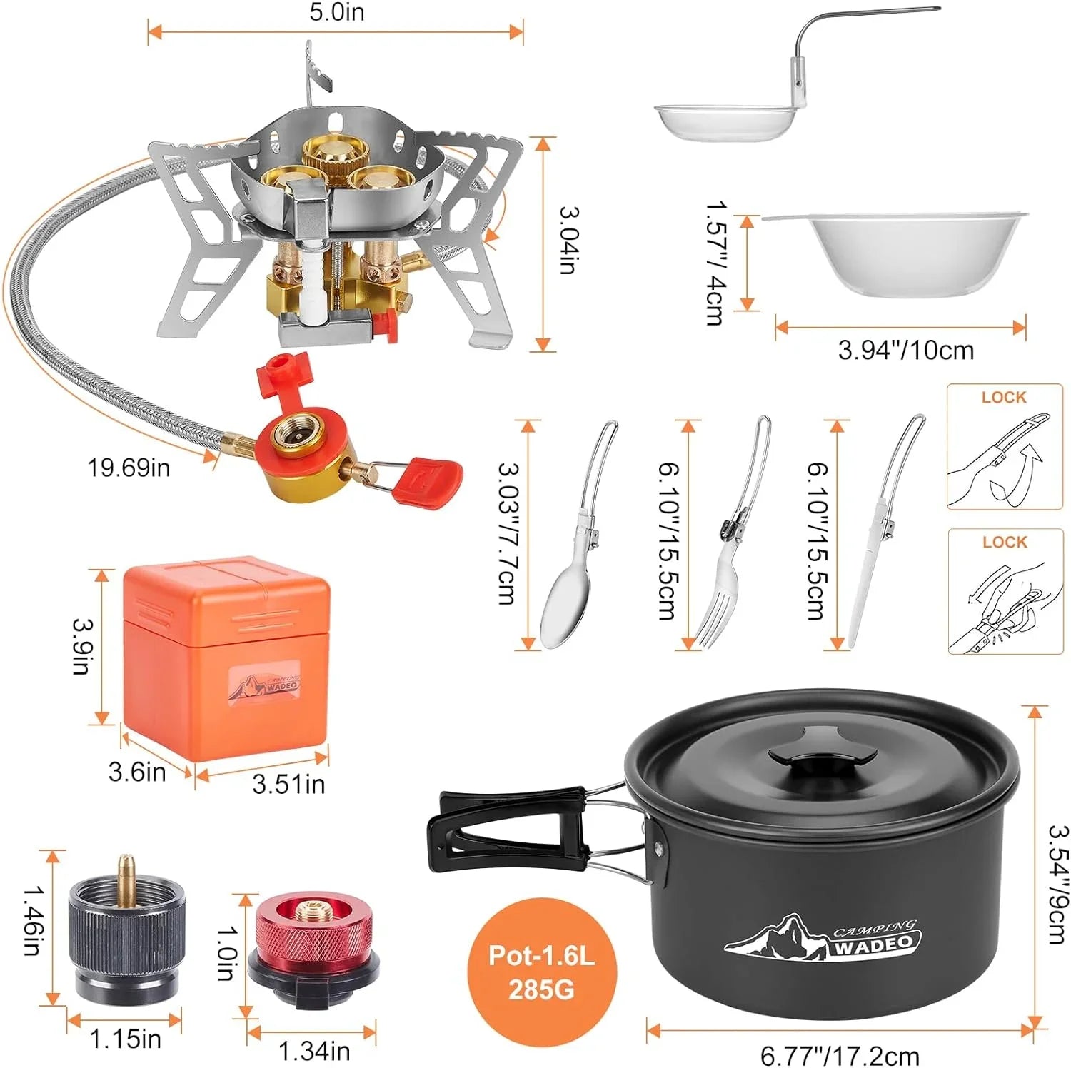 Backpacking with 6800W and Hiking Camping Camping Canister Soup Picnic Kit Fuel Stove, Cookware Spoon, WADEO Spoon for Camping Bowl Stove Pot, with Gas Windproof Outdoor Adapters, Camping Fork, Knife,