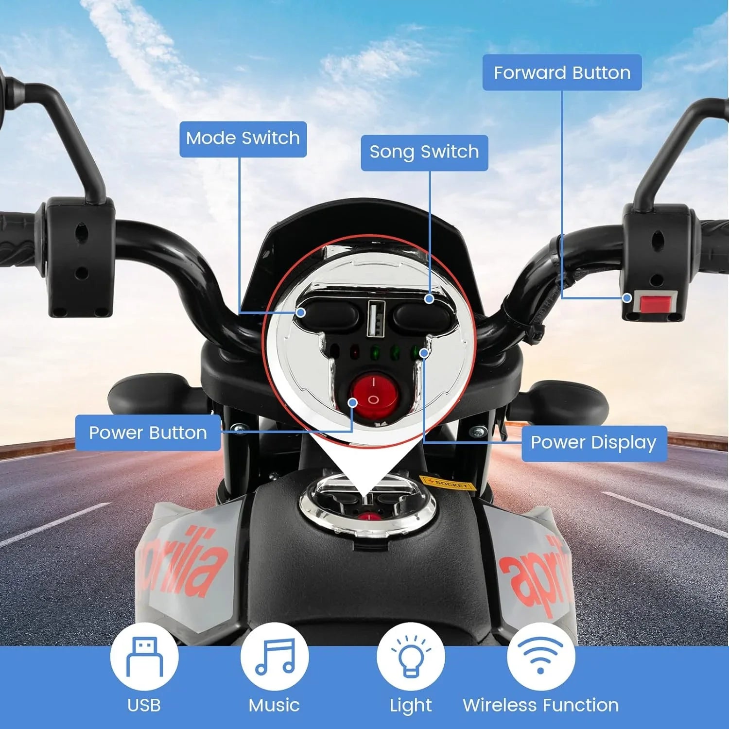 Battery Ride-on with Electric LED 12V Foxhouse1 Motorcycle Blue - Power, Color Kids Headlights
