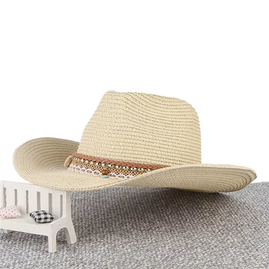 Cowboy Straw Packable Trilby Big Sun Brim Style Floppy Western Hat Women Beige