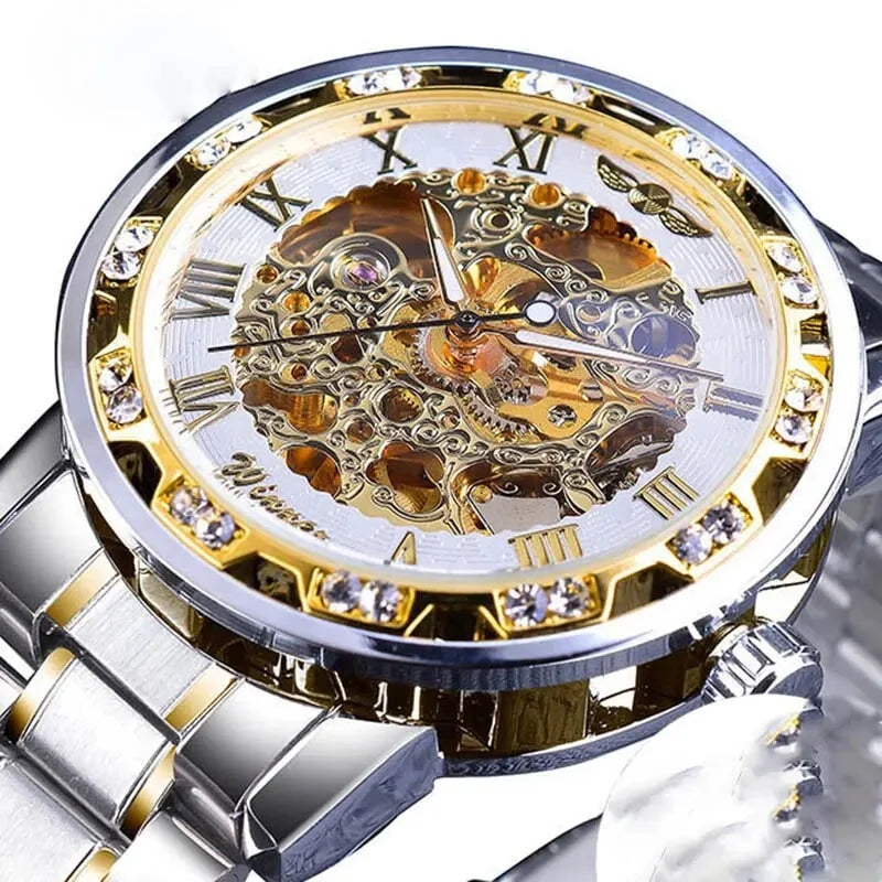 Men Luxury Gear Silver Gift Movement White 1pc Wrist Skeleton Diamond Mechanical Business Exquisite Gold Watch