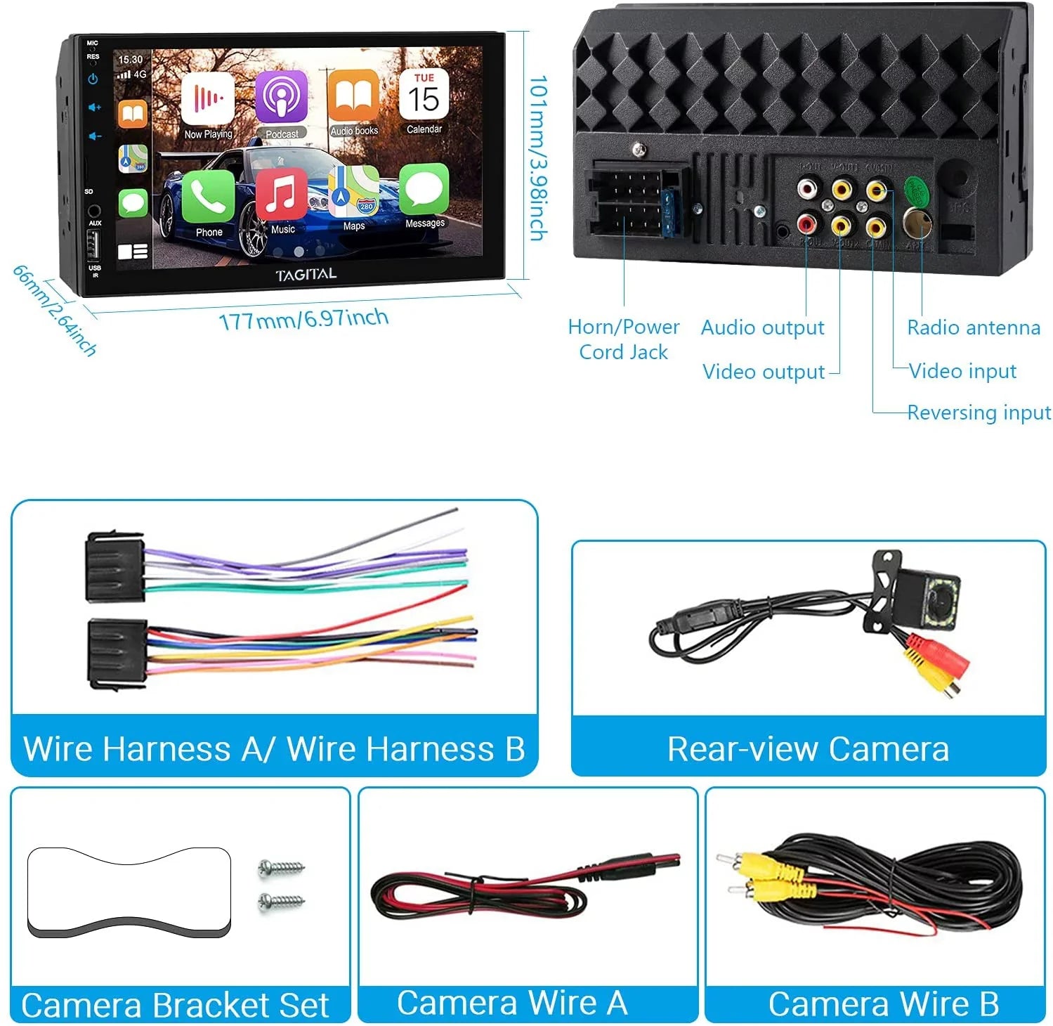 Player, Carplay Backup Inch HD Auto, Bluetooth, Double Camera, Din Car Screen MP5  with Mirror Link Touch Tagital Stereo LCD 7 &Android
