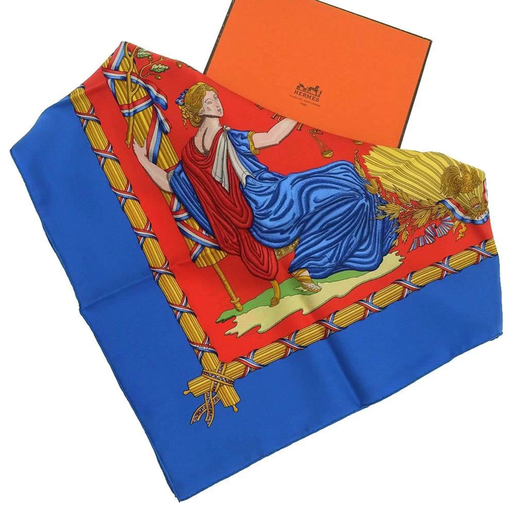 New) Pattern Red Silk Scarf Revolution 90 Commemorating Carre Blue Hermes (Like the Pre-Owned French