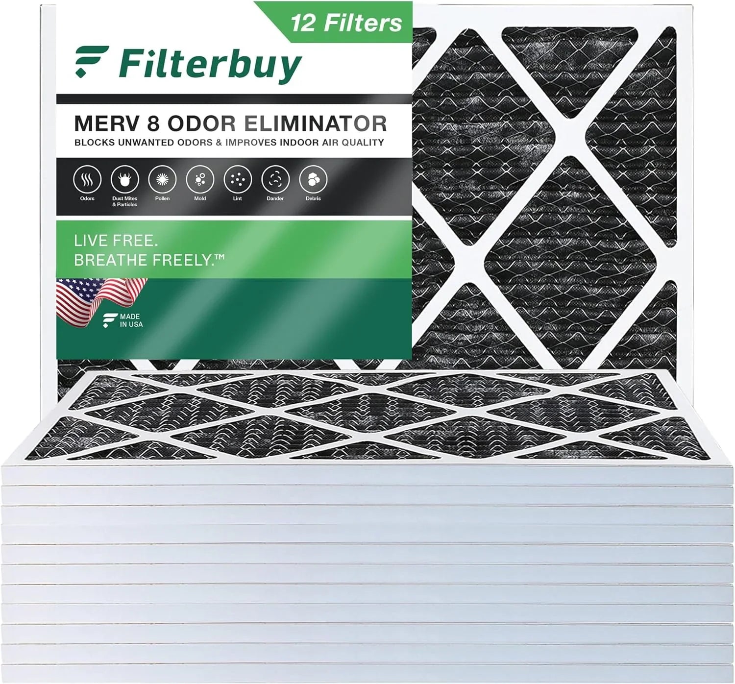 Odor HVAC Activated 8 Filters Pleated Eliminator Air (12-Pack) Furnace 24x25x1 with Carbon MERV AC Filterbuy
