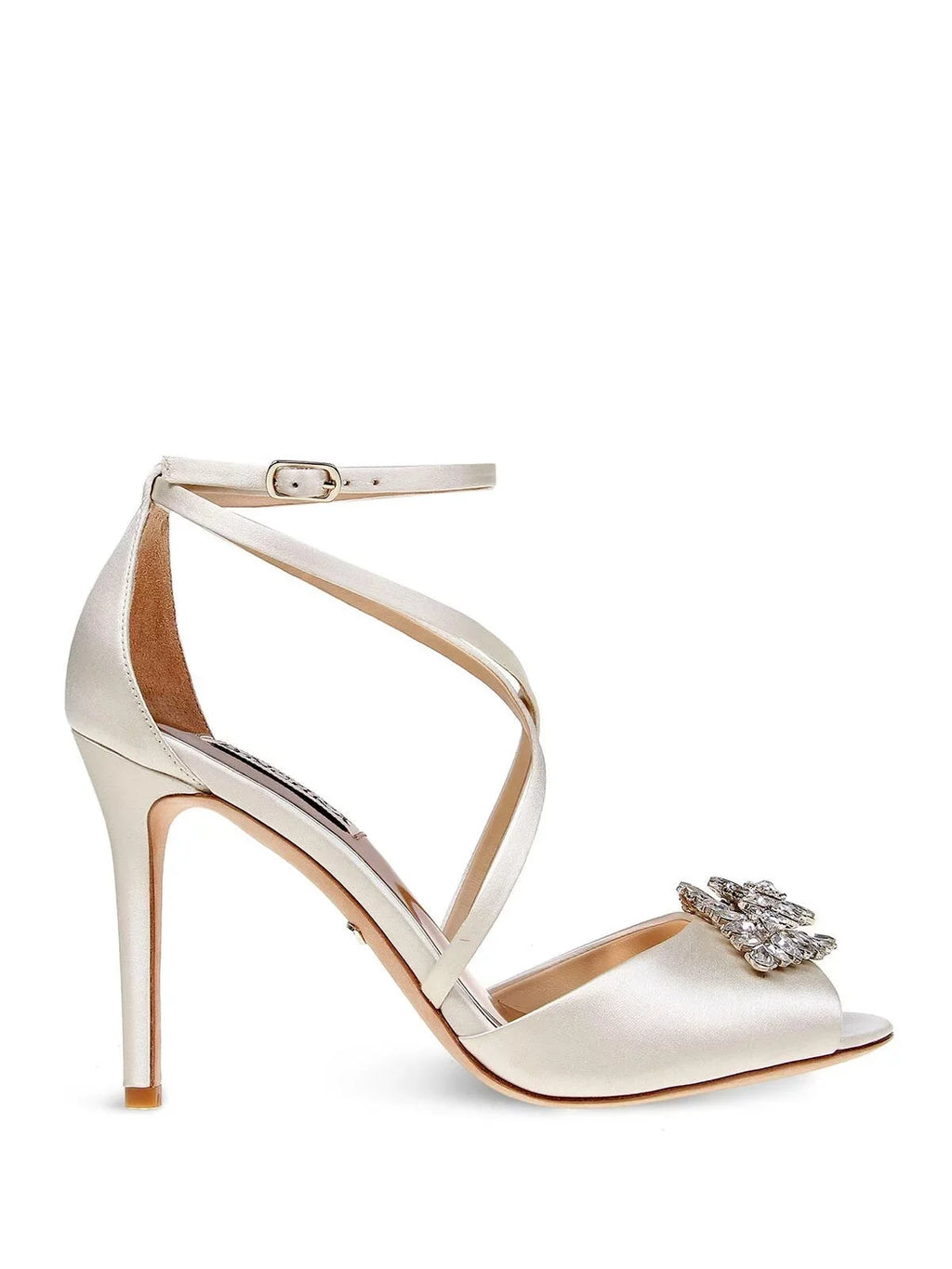 Tatum Dustbag Open Buckle BADGLEY Sandal Satin Toe Gladiator Strap Womens Heeled Ankle Footbed Dress Beige 10 MISCHKA Cushioned Ivory Embellished Stiletto