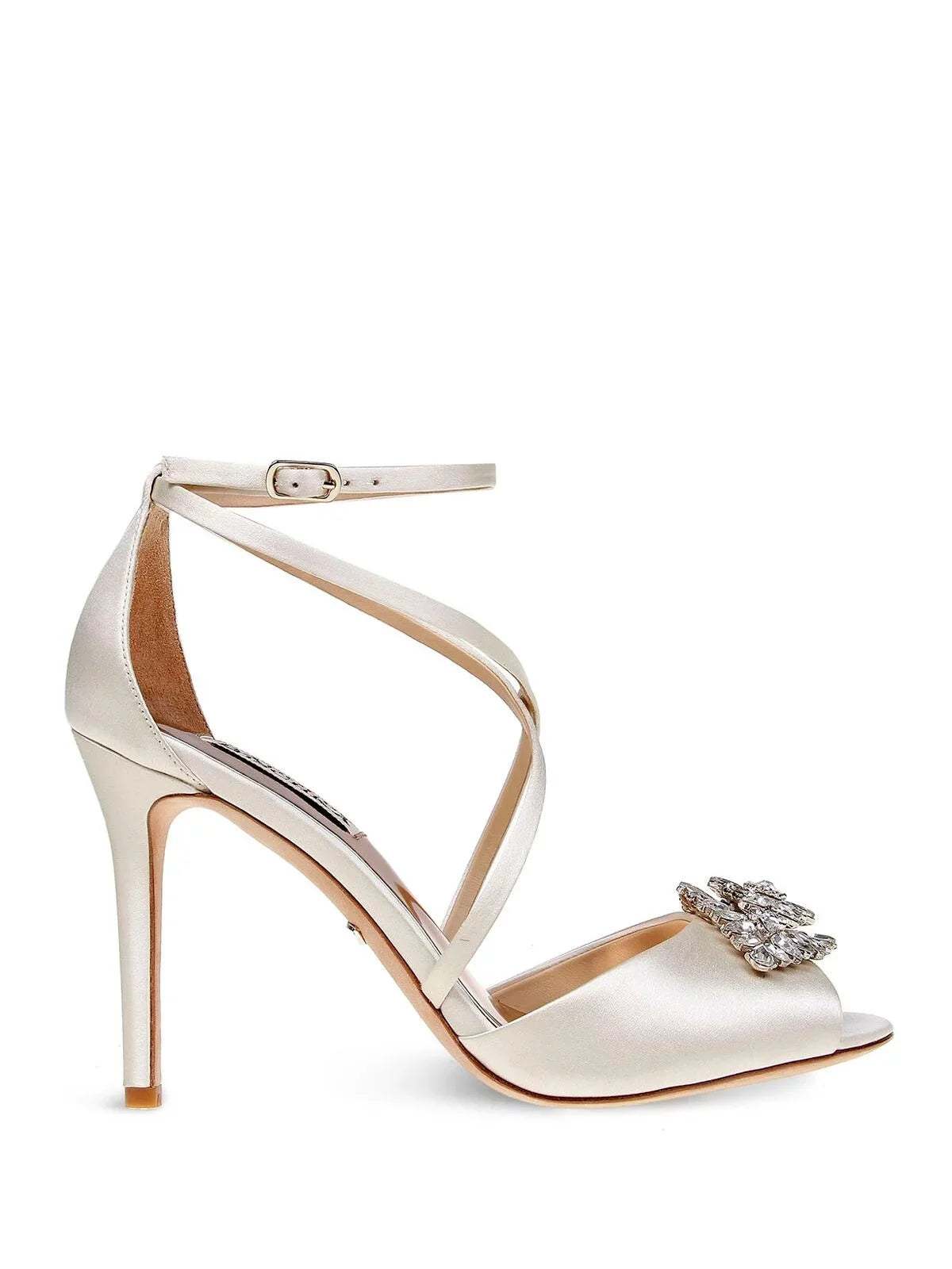 Tatum Dustbag Open Buckle BADGLEY Sandal Satin Toe Gladiator Strap Womens Heeled Ankle Footbed Dress Beige 10 MISCHKA Cushioned Ivory Embellished Stiletto
