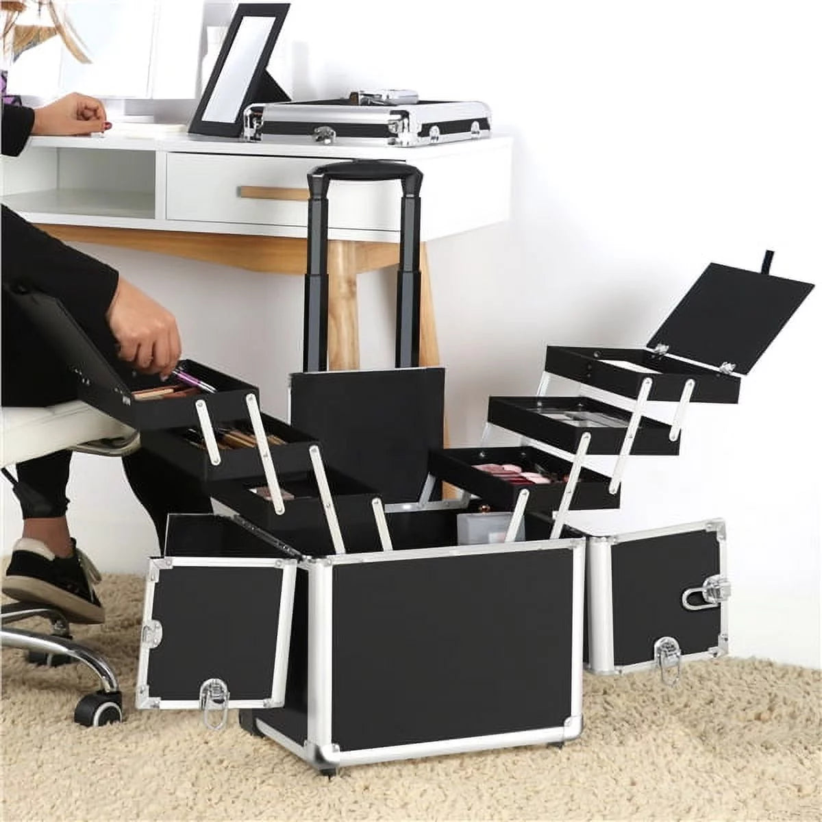 Trays, Wheels, Design Retractable Black Alden with Rolling Trolley Makeup Case Mirror, &