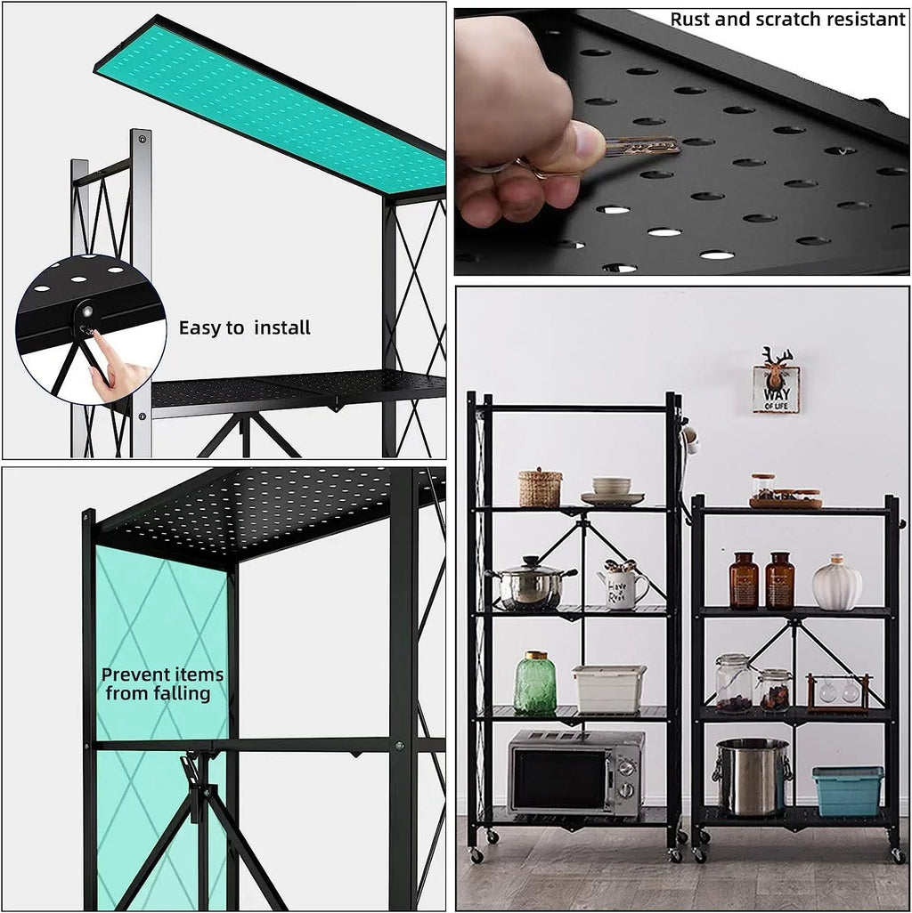 Metal Shelves, 65" Garage 14" shelf Shelving D Collapsible Metal Heavy 28" 5-Shelf Foldable on W Bakers Wire, x x H Closet, Duty (5- Units Storage Organizer Rack, Wheels storage) for Kitchen