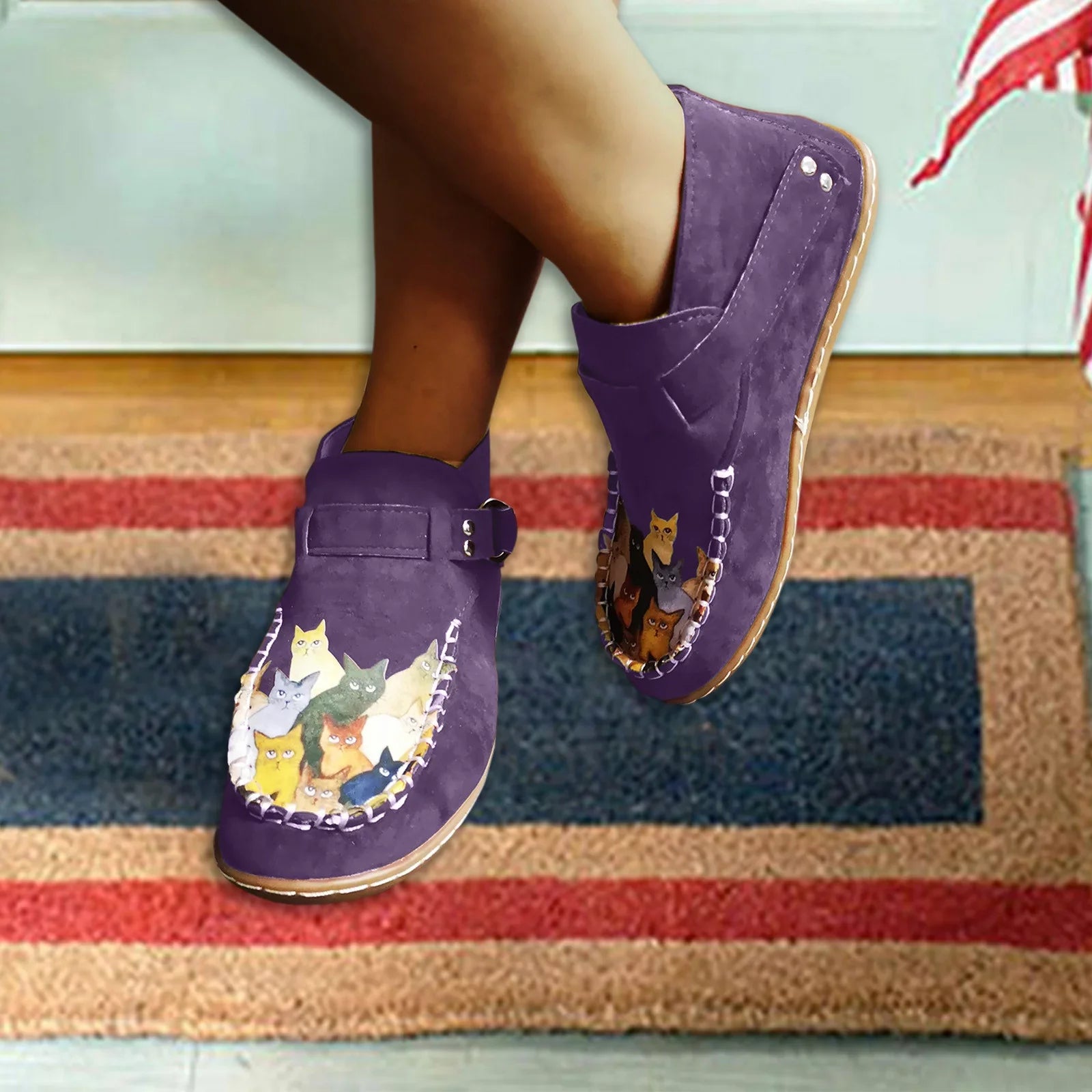 Printed Comfort Leather Button Cat Female Ankle Flat Cartoon Boots Casual women's boots
