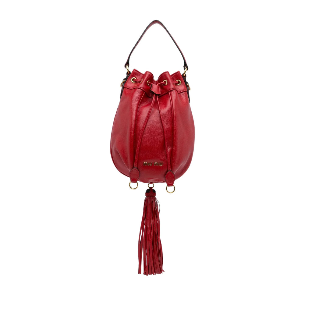 Bag Unisex Tassel Miu Authenticated Miu Bucket (Good) Leather DrawstringBag Red Pre-Owned Accent Calf