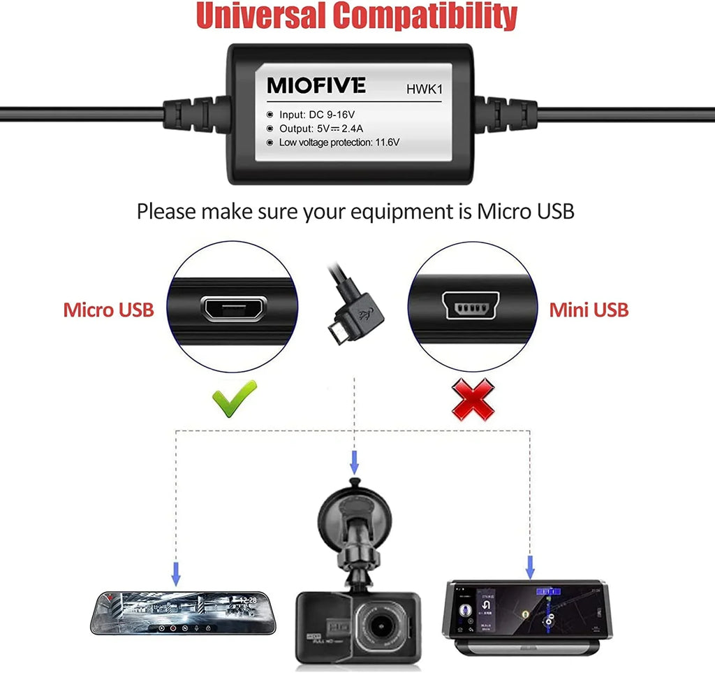12V-24V 5V/2.4A Kit for Hardwire ro Dashcam Kit Cam USB to Wire Hard w/Fuse 11.5ft Dash Kit, Converts