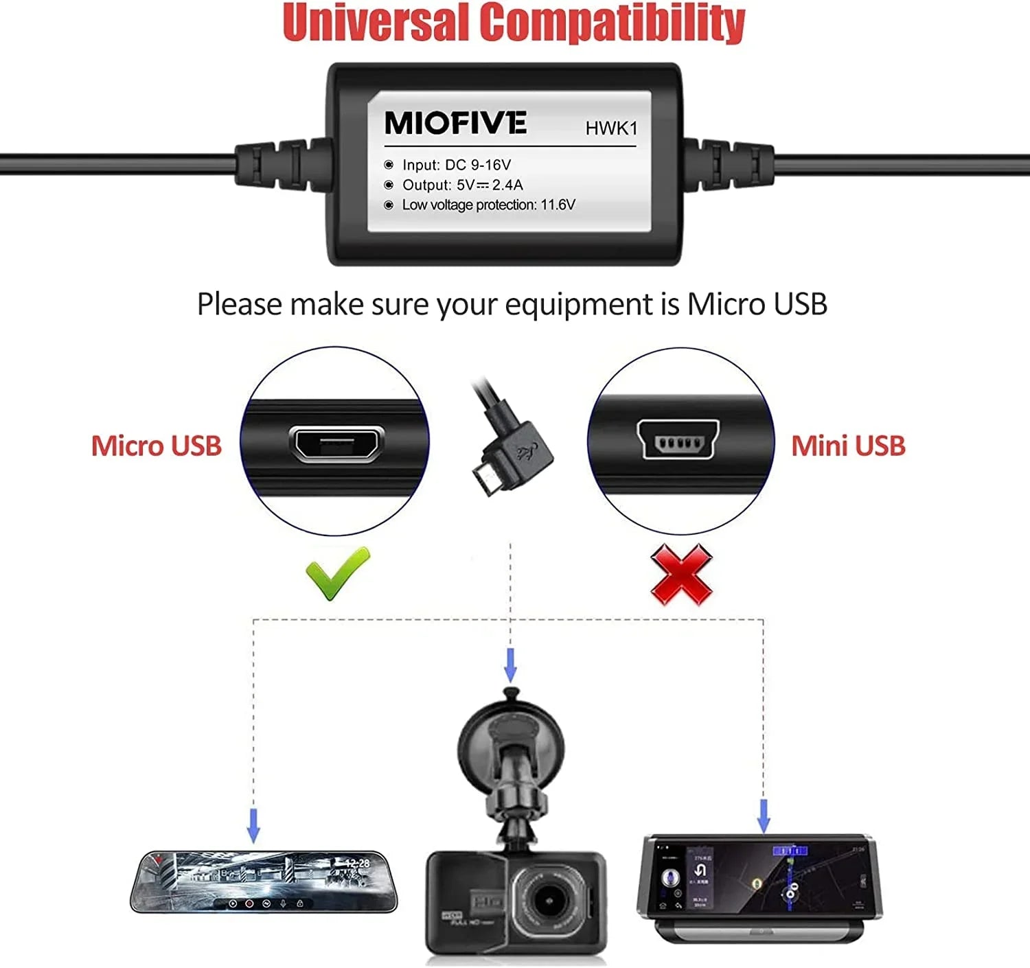 12V-24V 5V/2.4A Kit for Hardwire ro Dashcam Kit Cam USB to Wire Hard w/Fuse 11.5ft Dash Kit, Converts