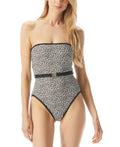 Swimsuit Women's Michael Printed Bandeau One-Piece 10 Kors Black Logo-Belt Size