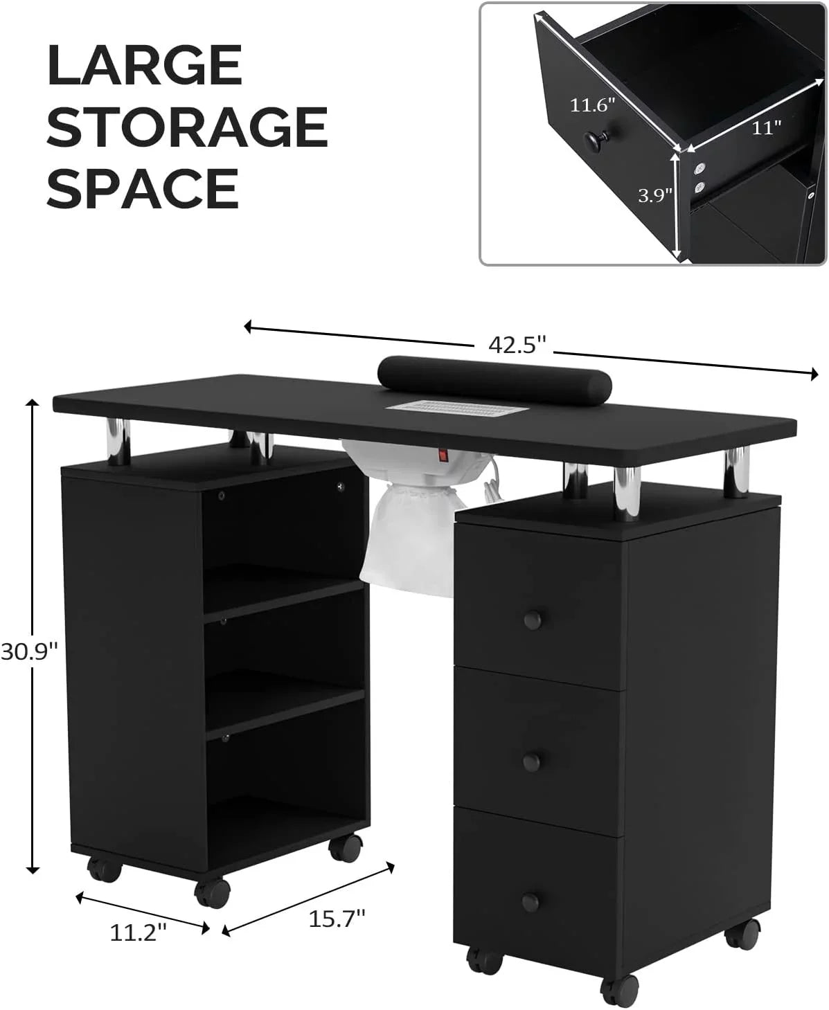 Table Table Beauty w/Electric Supplies Resistant Dust Nail Cushion,3-Tier Tech for Salon Collector, Manicure OmySalon Portable Acetone Station Nail Shelves&Drawers Nail Wheels,Wrist Desk w/Lockable