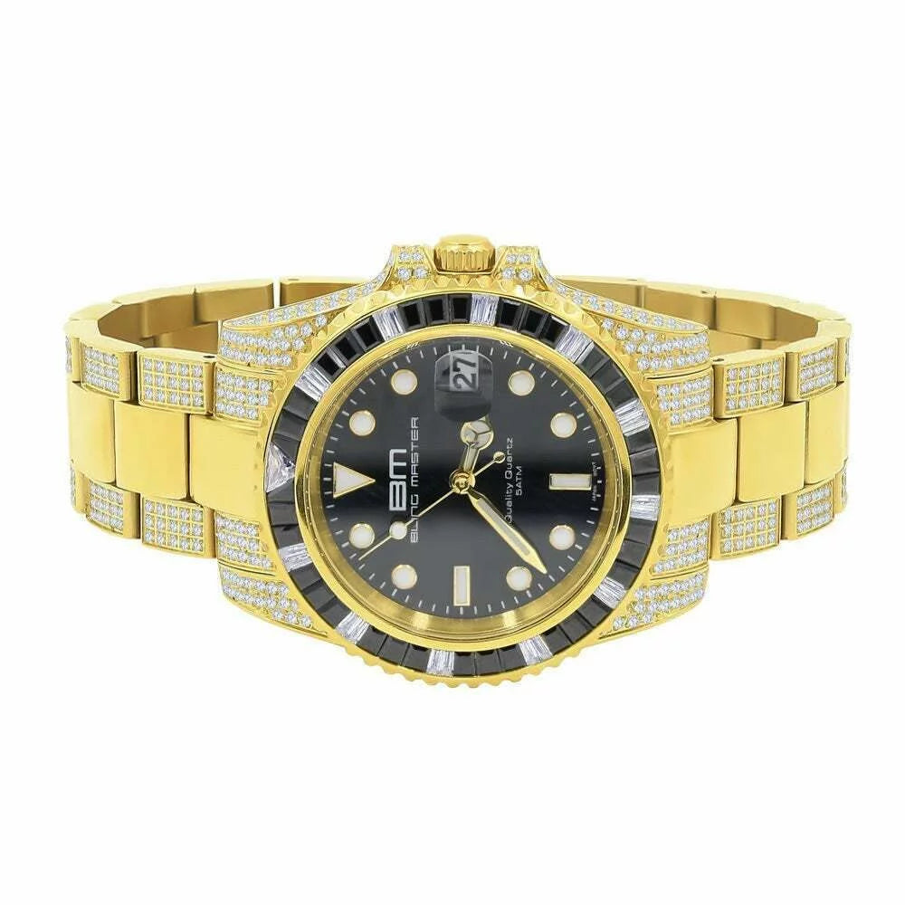40mm Solid Yellow Presidential Gold Diamond Stainless Watch Steel 18k Simulated Mens
