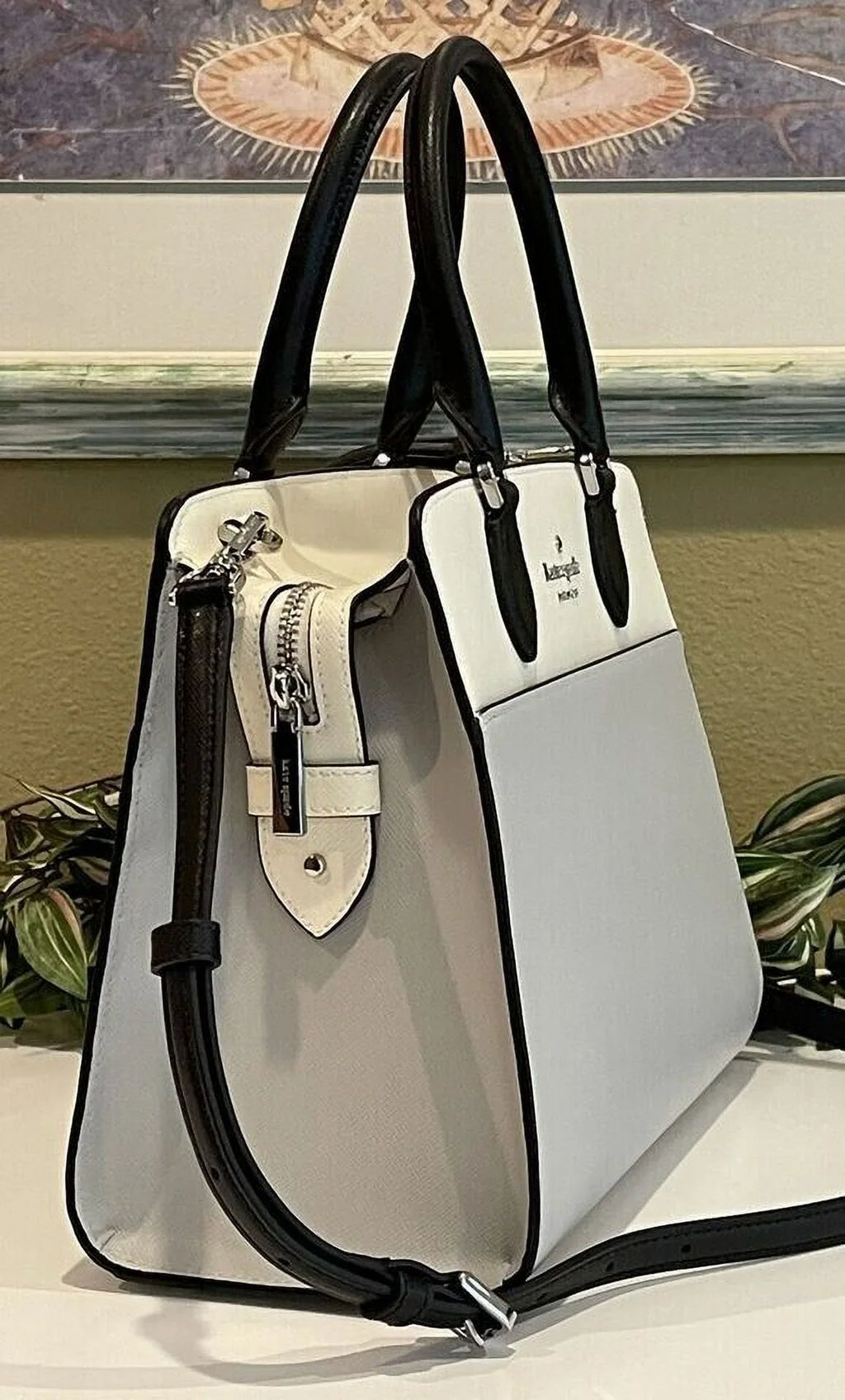Satchel Purse Colorblock Grey Bag Spade Platinum Medium Madison Kate KC621 Leather