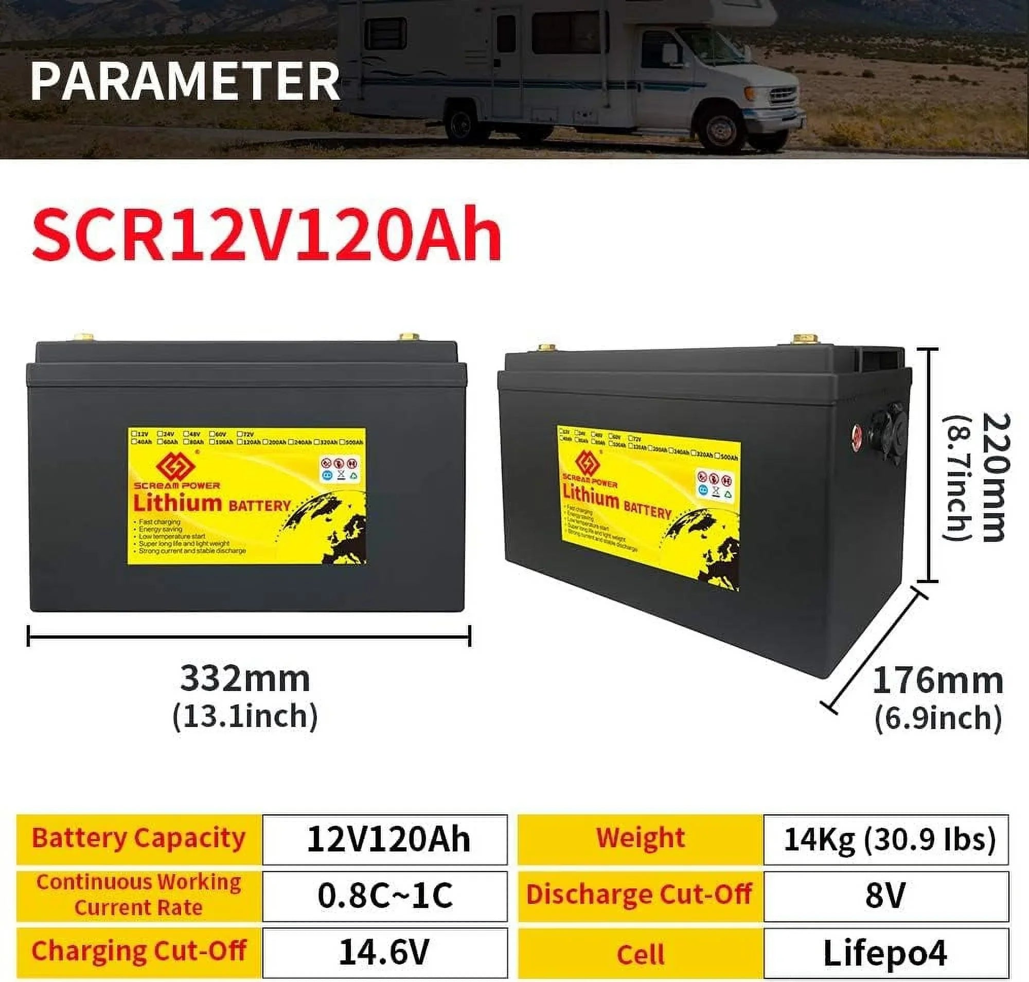 Solar 12v 1536Wh Outdoors Battery Backup Portable and LiFePO4 Ports LiFePO4 Camping Station Charger,for System Generator with Power USB 120Ah Solar Battery Travel Hunting,RV,Marine,Overland,Off-Grid
