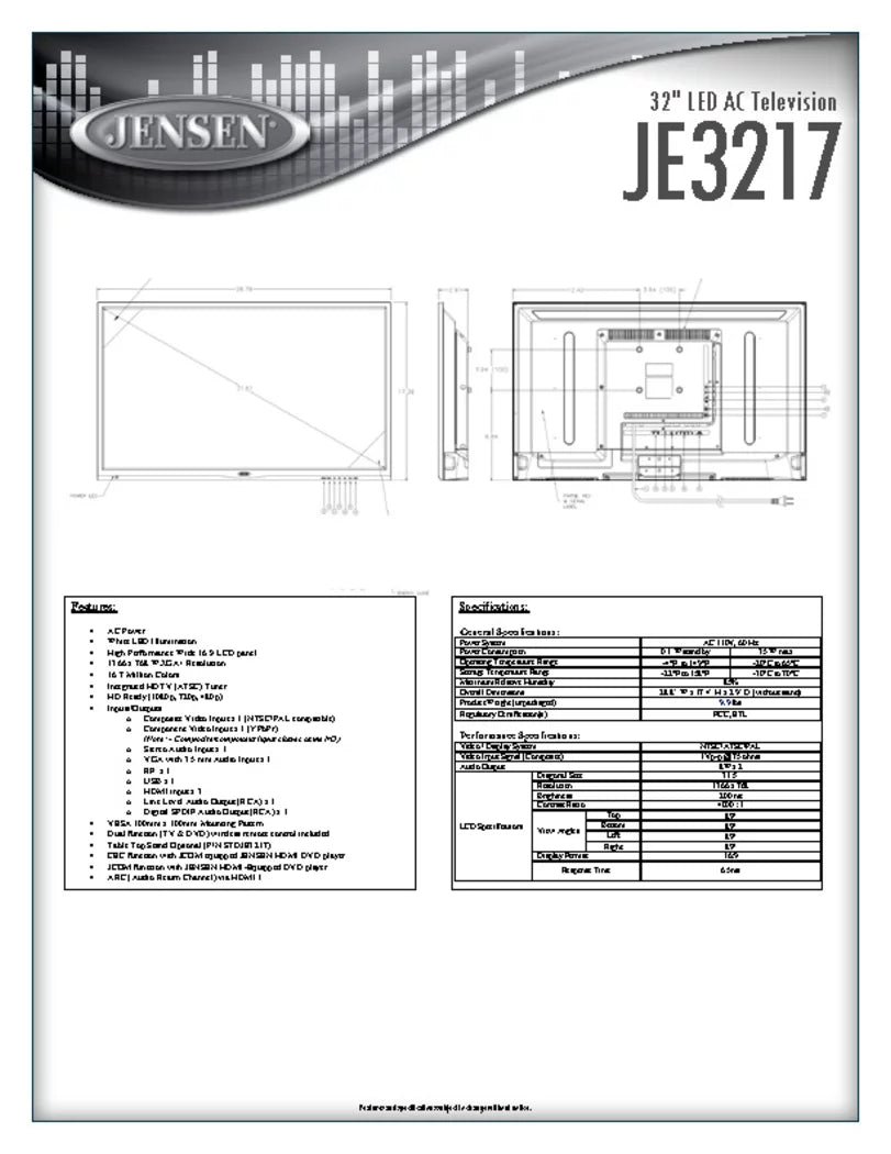 110V 720p, Television LED Control, x WXGA+ Wide 16:9 HDTV with 32" 480p), panel, 1366 and JENSEN AC Remote (1080p, Resolution, LCD JE3217 (ATSC) High HDTV Ready Performance 768 Tuner AC Integrated &