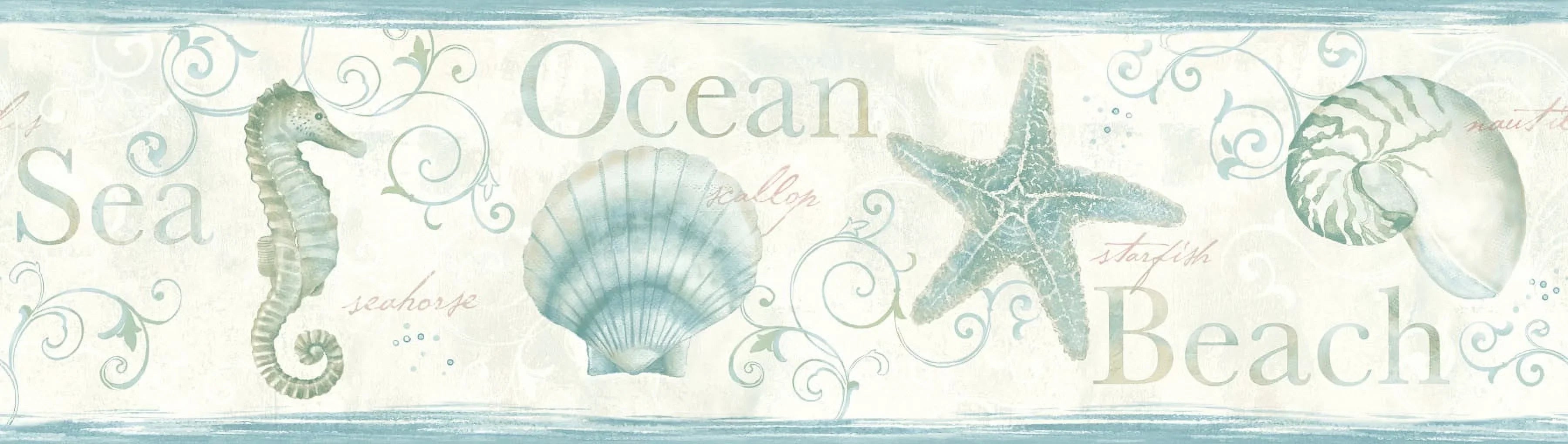 Island Teal Woven Seashells 15-ft, sq. Border Blend Prepasted ft. Wallpaper, Non 6-in Chesapeake 7.5 by Teal