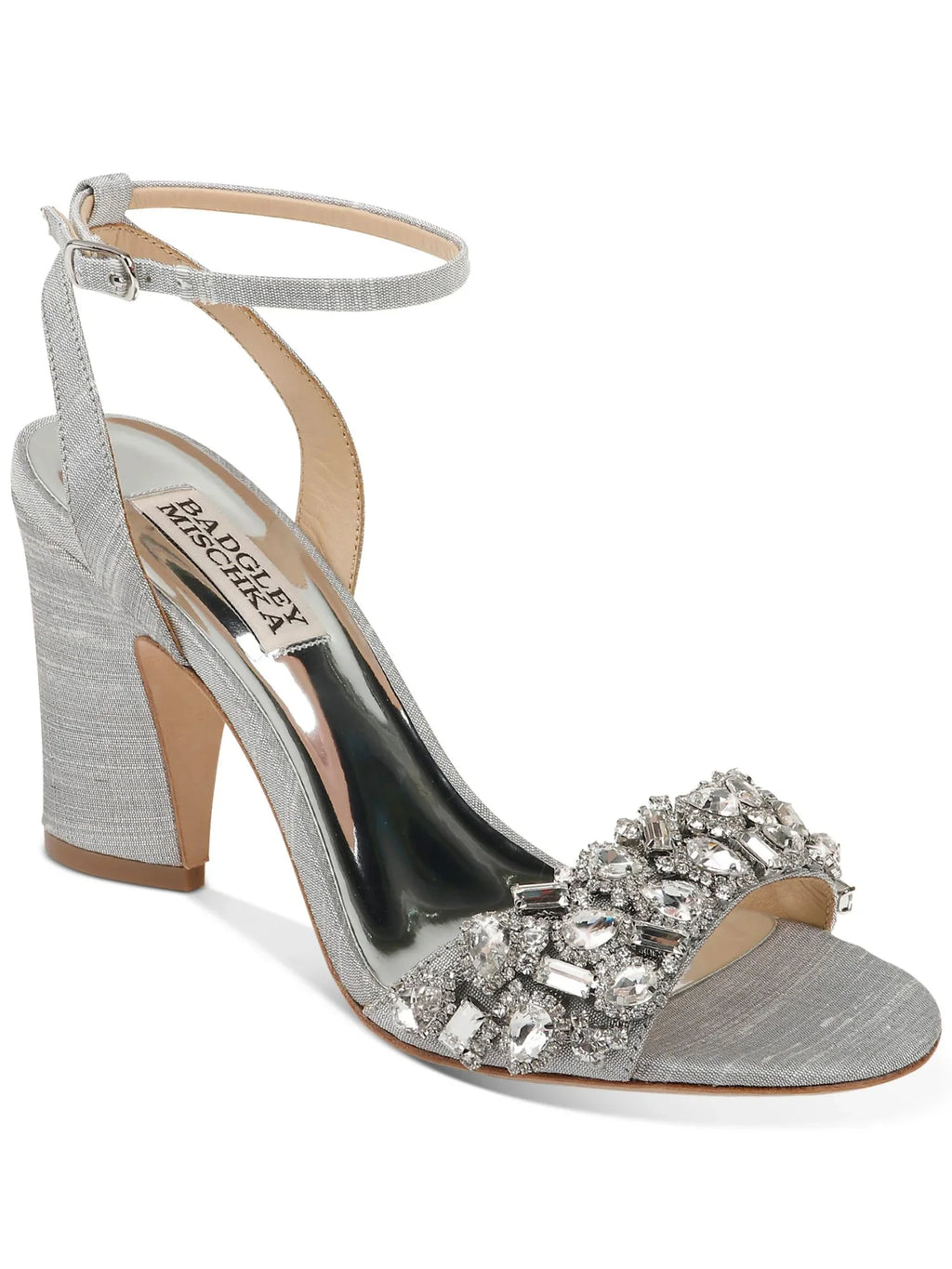 7 Rhinestone Silver Heel MISCHKA Womens Buckle BADGLEY Round Toe Dress Strap Block Toe Sandals Shoes Metallic