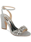 7 Rhinestone Silver Heel MISCHKA Womens Buckle BADGLEY Round Toe Dress Strap Block Toe Sandals Shoes Metallic