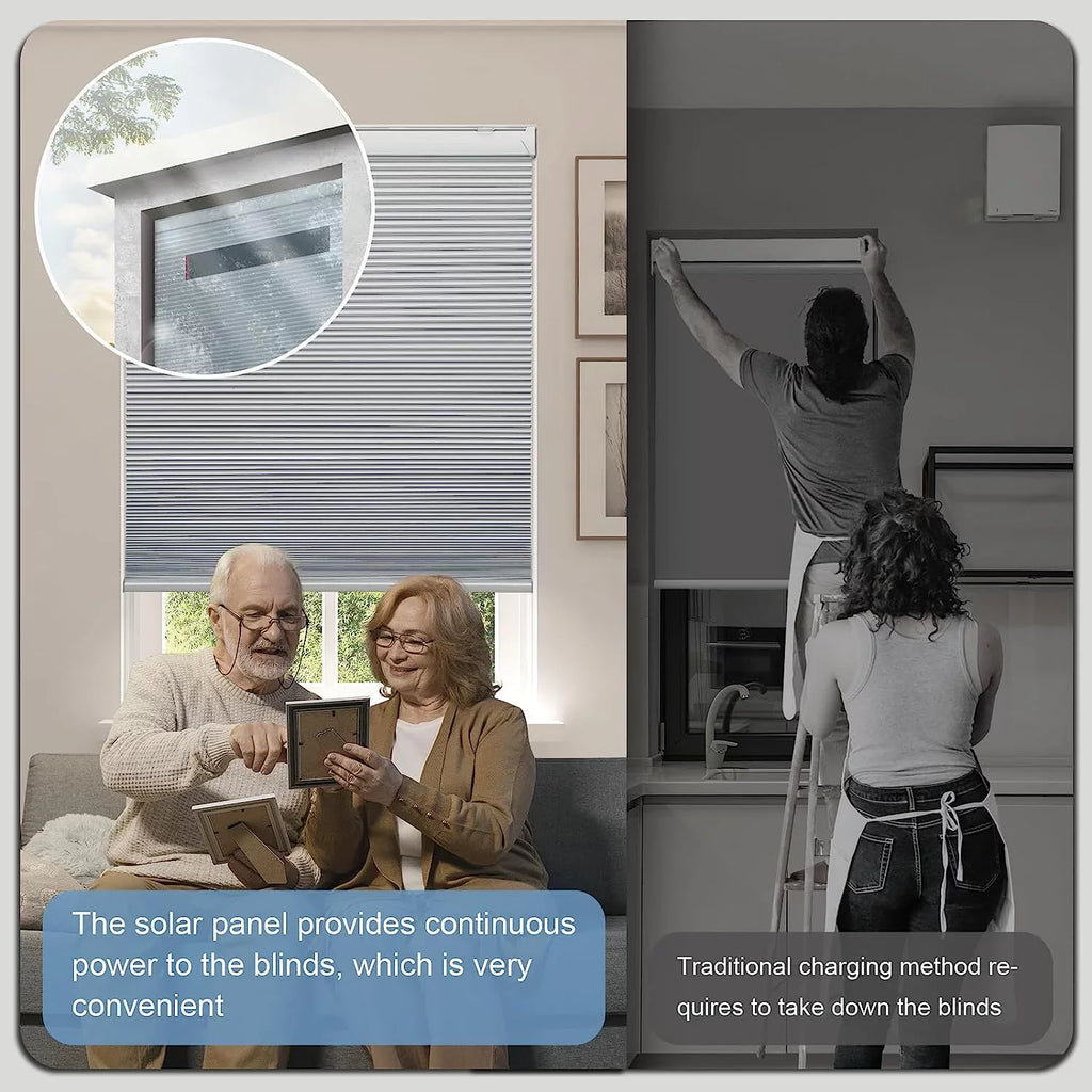 Google【Free White Solar Blackout Wx64 Solar Cordless Rechargeable Automatic Blinds, with H, Remote, Panel】 Blinds with Motorized Magnetic Honeycomb Electric Shades 29" Alexa 100% Cellular Powered