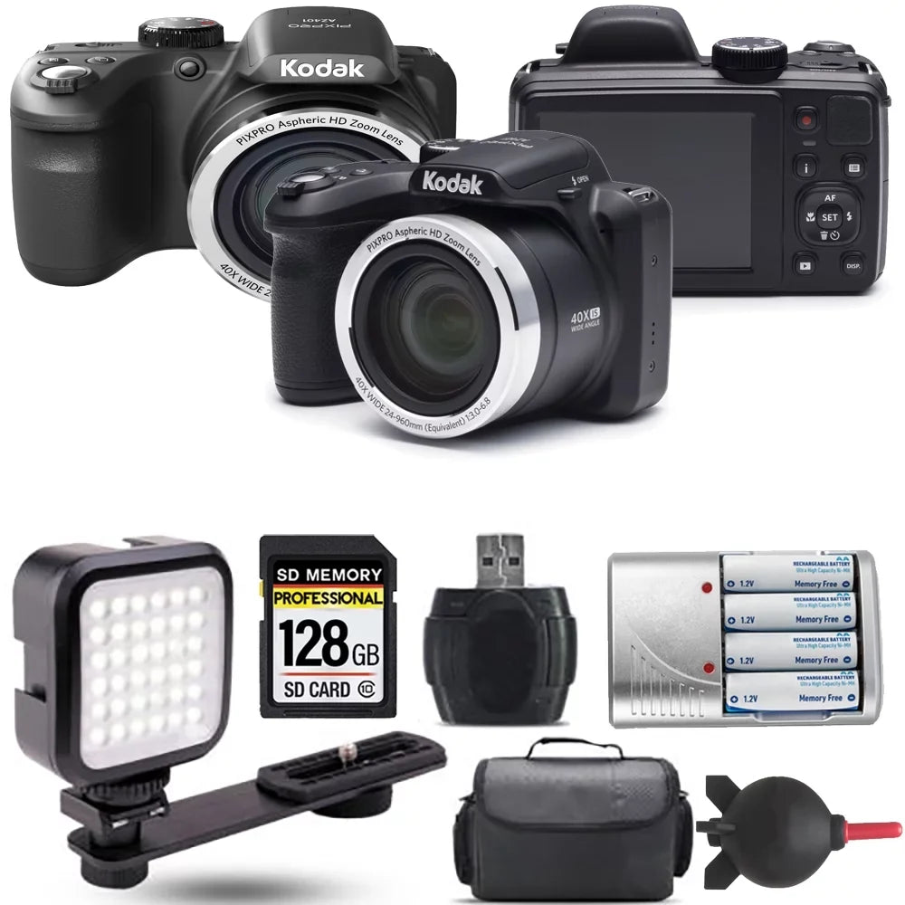 Battery Extra (Black) LED Camera Digital + Kodak Kit AZ401 + PIXPRO 128GB -