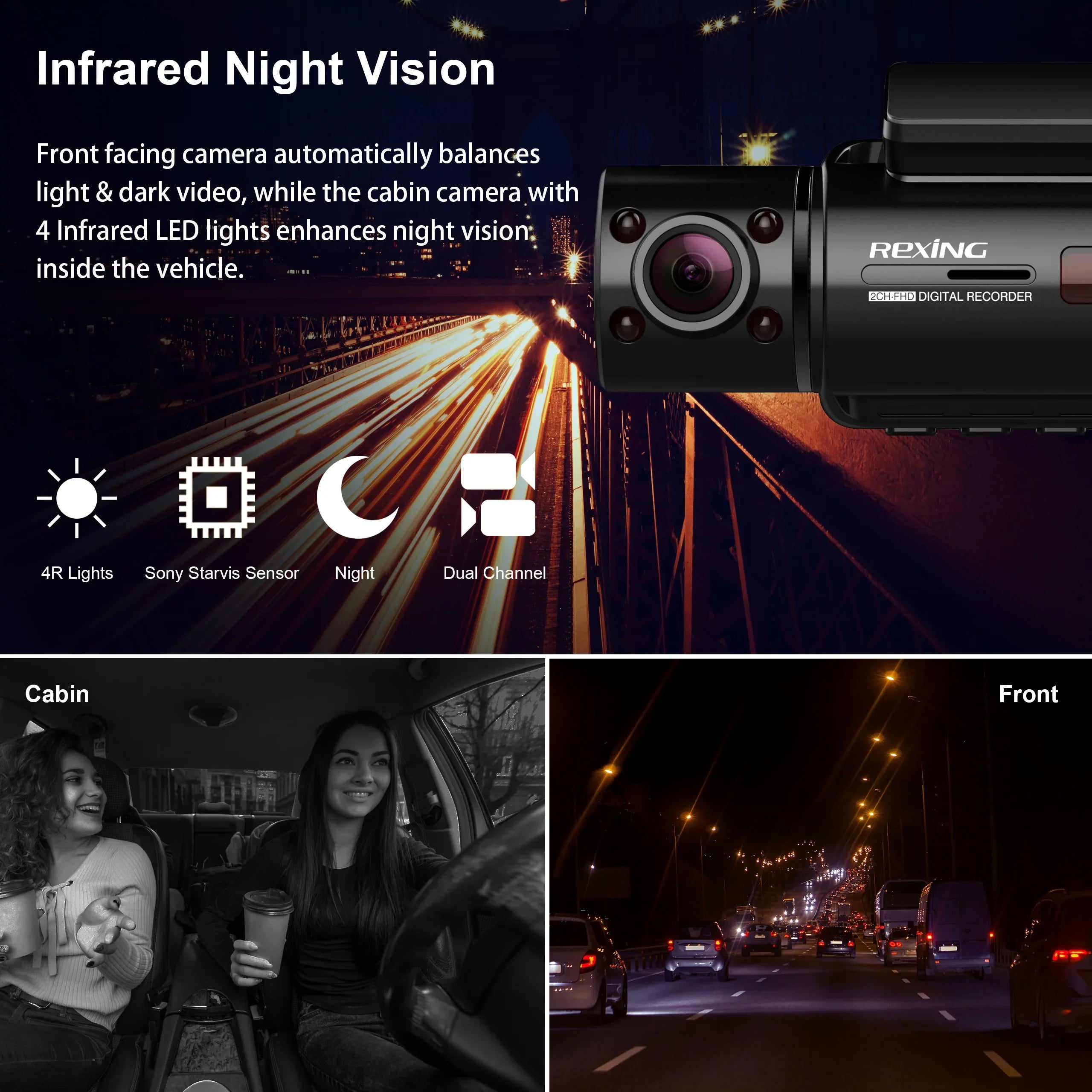Dash Basic Full Cam Rexing and 1080p Wi-Fi HD Cabin V3 Inside Front Dual Camera with