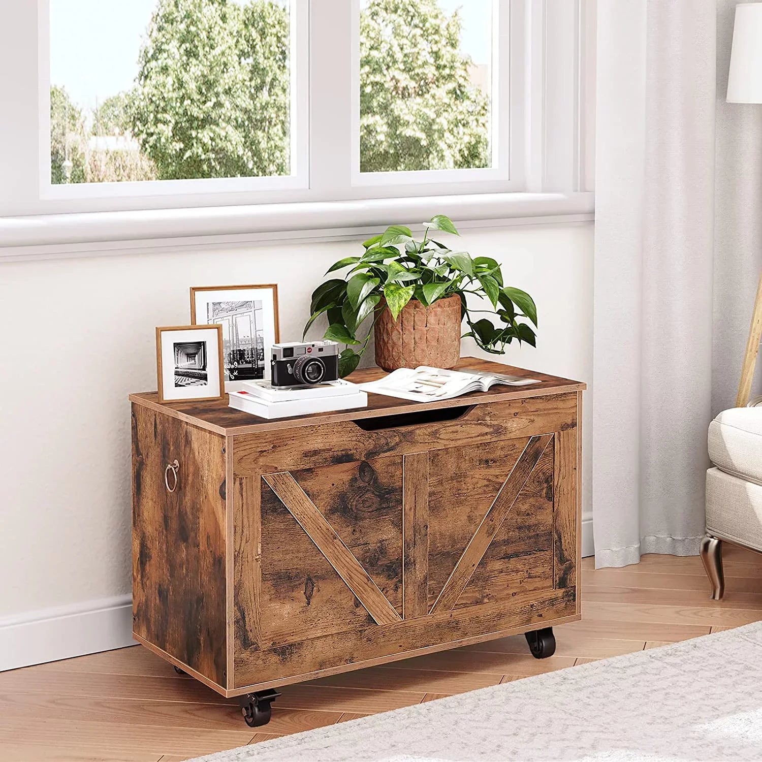 WAGEE Sturdy Bench, Brown Wheels, Bench, Entryway Rustic Storage Opening, U-Shaped Chest, Hinge, Safety Assembly, Easy lb, FG74CW01 Trunk Movable, Shoe Storage 220 Supports Wooden on Bench Storage