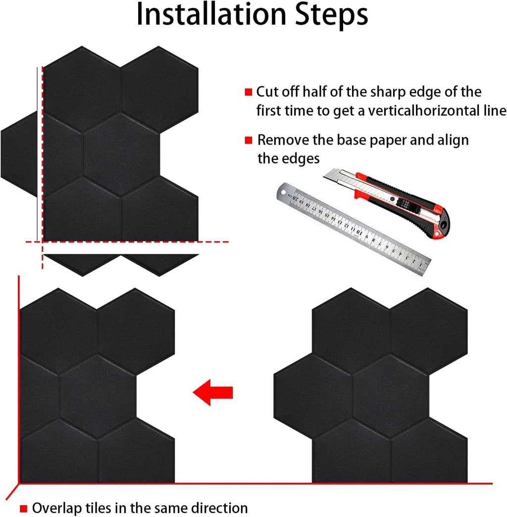 PET Black Stick Backsplash Bathroom(11.57''x10.35'',10-Sheet) Tiles Self Adhesive 3D for Matte Big Real Hexagon Peel and Kitchen