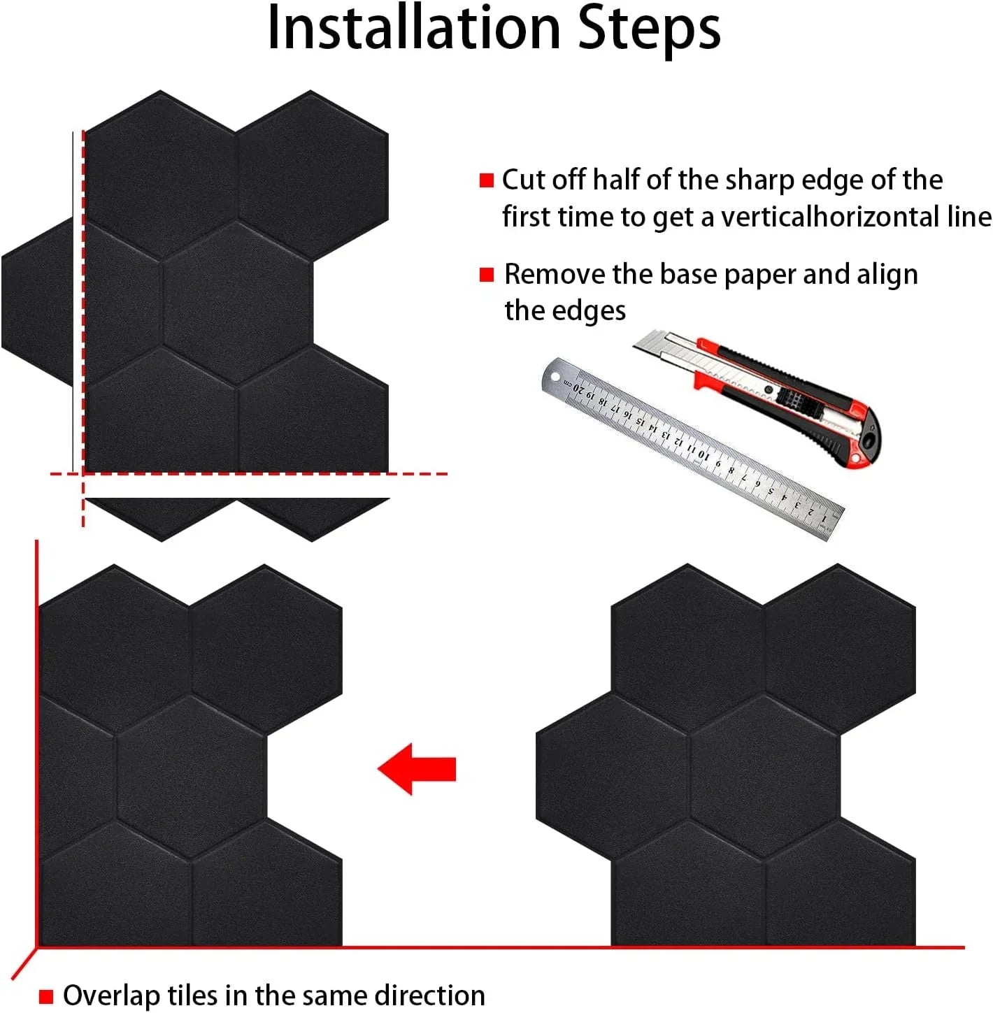 PET Black Stick Backsplash Bathroom(11.57''x10.35'',10-Sheet) Tiles Self Adhesive 3D for Matte Big Real Hexagon Peel and Kitchen