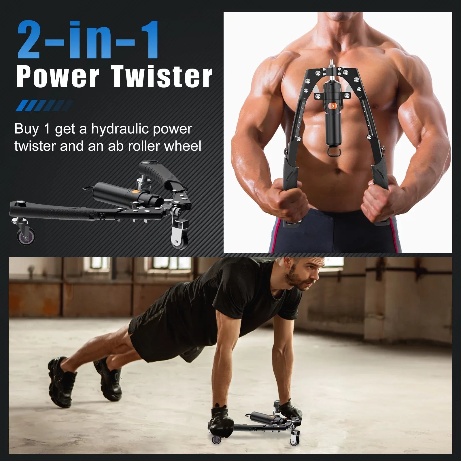 & Arm for Handle, 22-440lbs with Upgrade Home Muscle Power Wheels, Stretchable Expander Hydraulic Chest Training Twister Wheel Exerciser Ab Twister Adjustable 2-in-1 with Roller