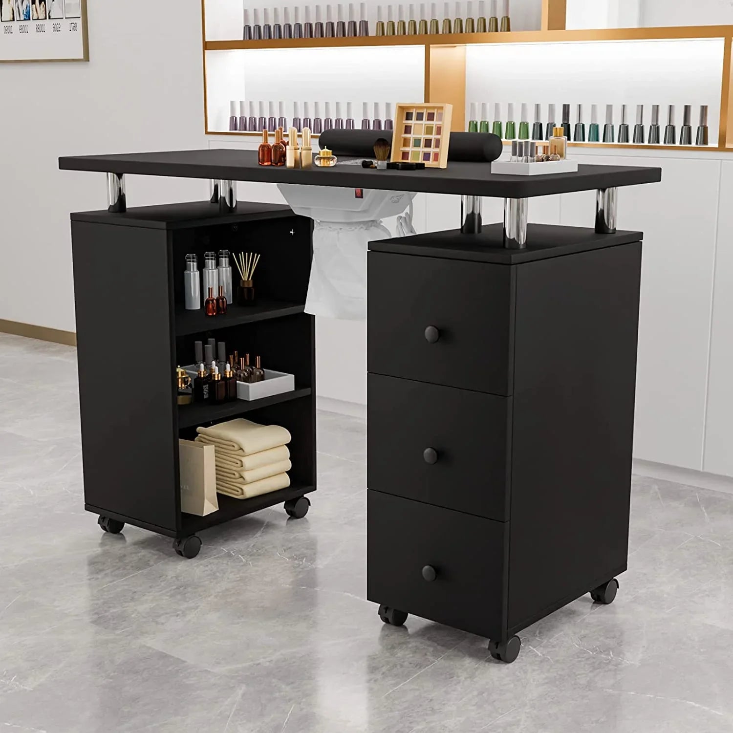 Table Table Beauty w/Electric Supplies Resistant Dust Nail Cushion,3-Tier Tech for Salon Collector, Manicure OmySalon Portable Acetone Station Nail Shelves&Drawers Nail Wheels,Wrist Desk w/Lockable