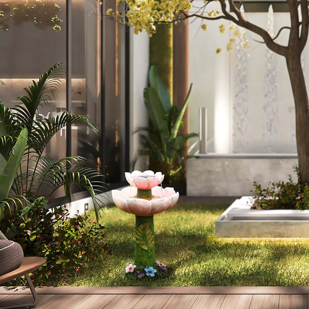 Solar Birdbath with LuxenHome Resin 2-Tier Lights Flower Pink Powered Fountain