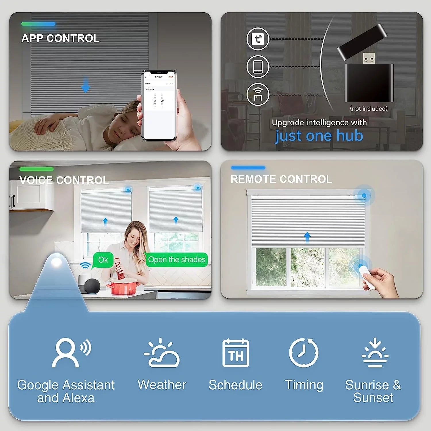 Google【Free White Solar Blackout Wx64 Solar Cordless Rechargeable Automatic Blinds, with H, Remote, Panel】 Blinds with Motorized Magnetic Honeycomb Electric Shades 29" Alexa 100% Cellular Powered