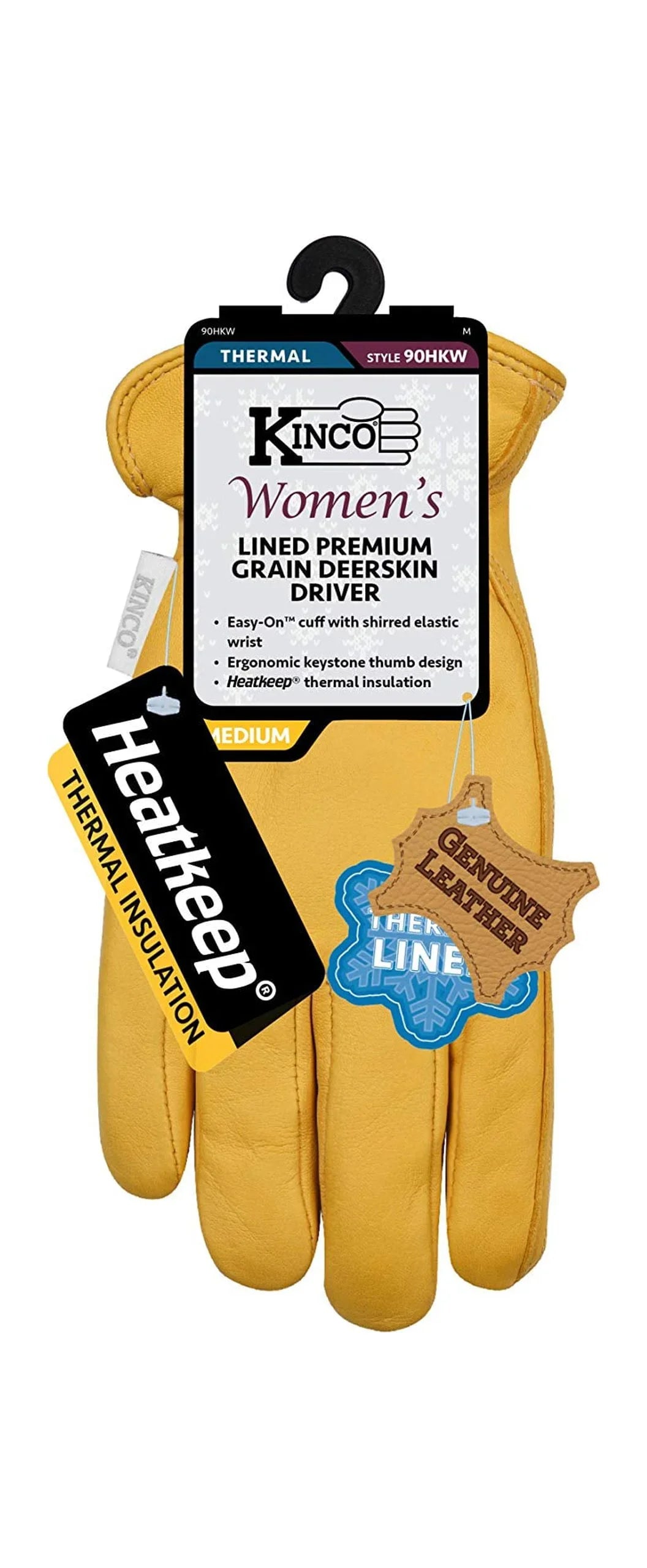 Kinco Lined Shirred Lining, Double Women's Small, Golden Grain Heat Gloves, Back, 90HKW-S Deerskin Keep Elastic