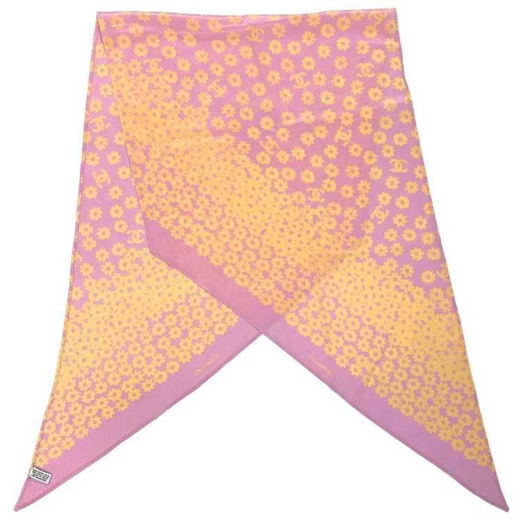 here mark (Good) Chanel scarf silk Pre-Owned CHANEL flower pink ladies 100% see-through yellow muffler