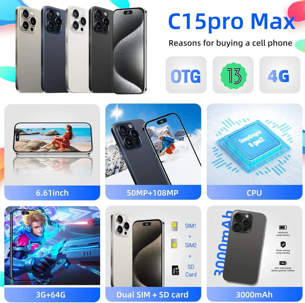 Large-Capacity Phones Phone Battery Unlocked Pro Large Screen C15 High-Definition AI Phone 6.61in Dual-SIM Max Android Smartphone 3000mAh (Black,3+32G) Support Cell Smartphones