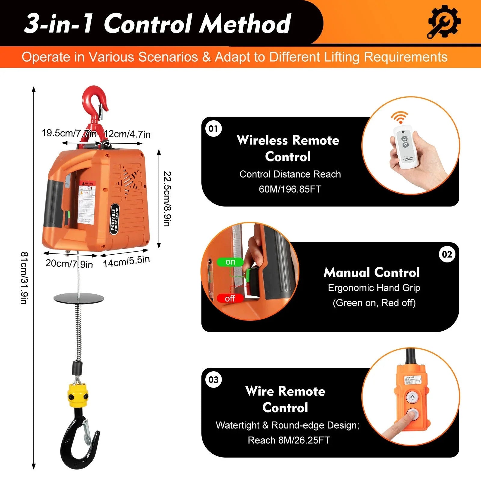 300kg/660 lbs Crane Winches W/ Electric Lift Hoist 3-in-1 Portable Remote Winch