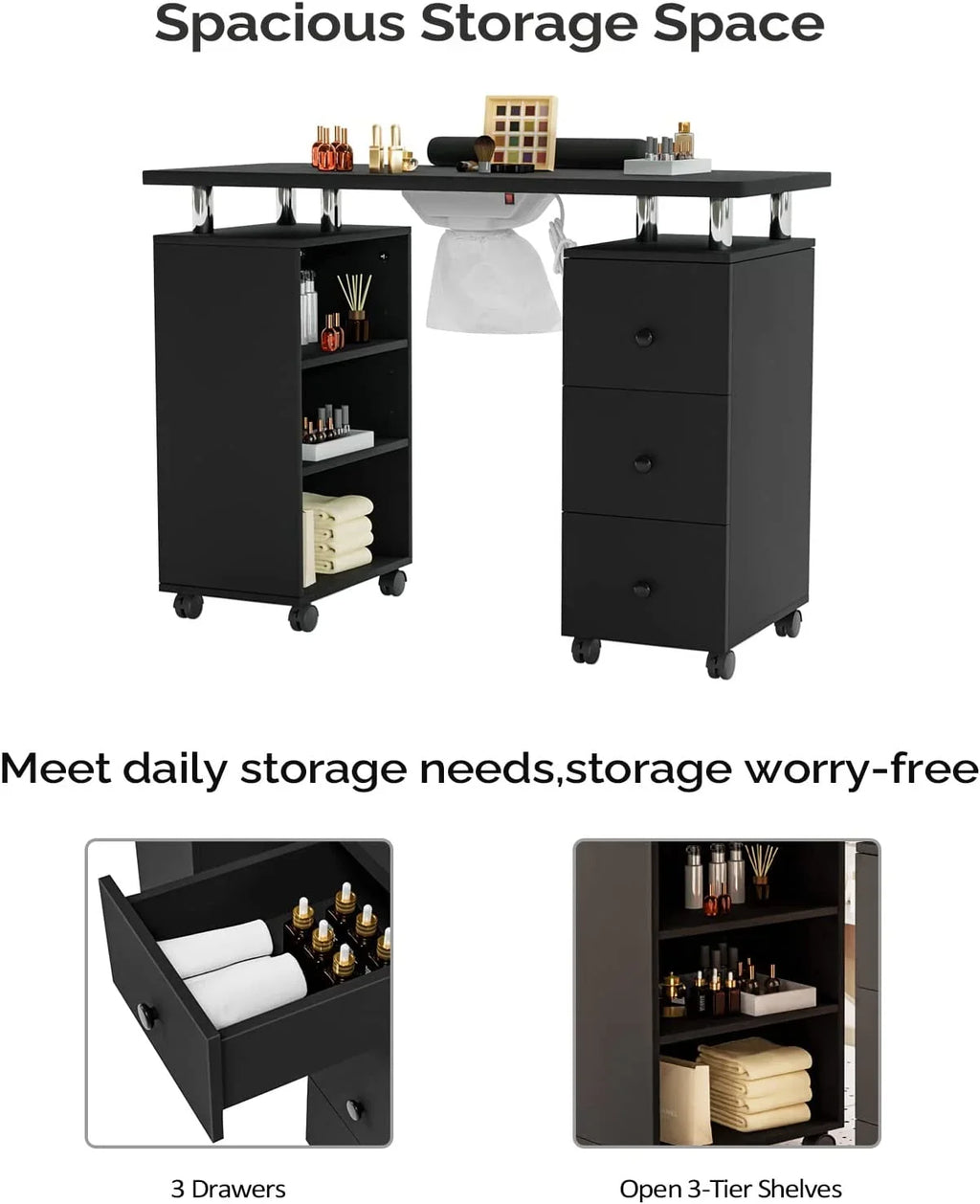 Table Table Beauty w/Electric Supplies Resistant Dust Nail Cushion,3-Tier Tech for Salon Collector, Manicure OmySalon Portable Acetone Station Nail Shelves&Drawers Nail Wheels,Wrist Desk w/Lockable