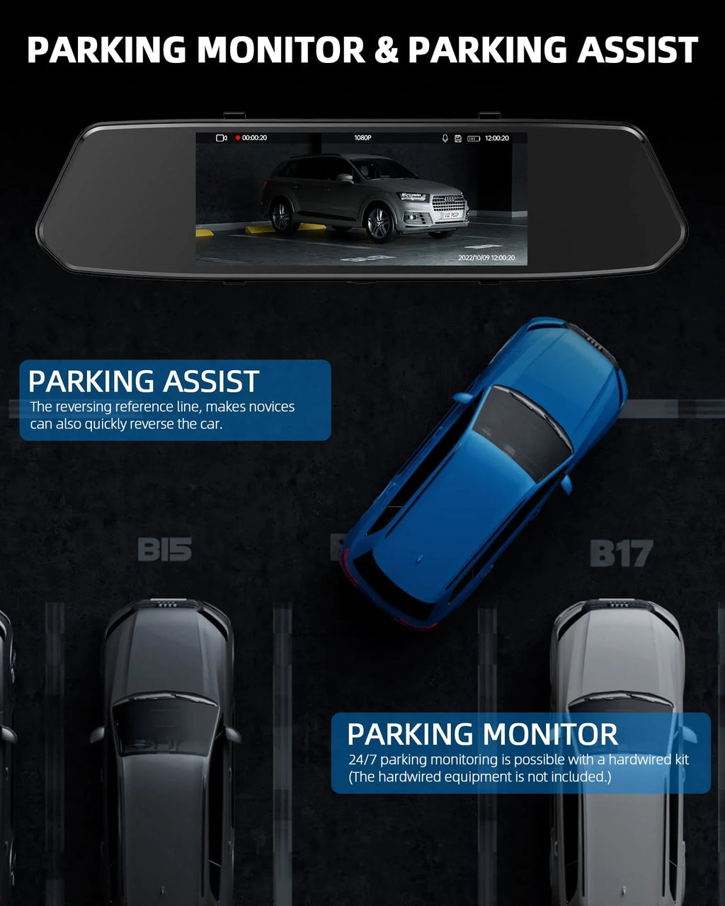 with Assistance Backup Camera Camera Motion Mirror FHD Cam Waterproof Mirror 7" 1080P Camera Detection TOGUARD Touchscreen Dual View Parking Car and Rear Front Dash Rear