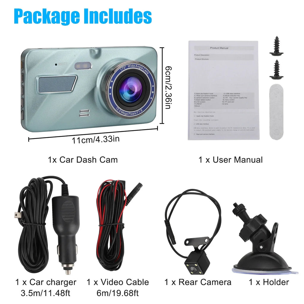 Rear DVR Car HD Lens Recorder Camera Cam Front 1080P View 2 G-Sensor Video Dash