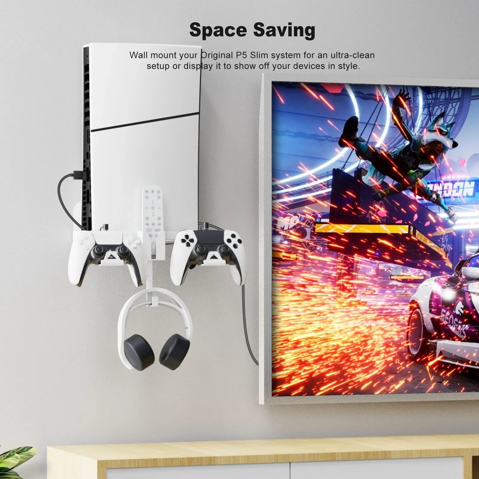 Space-Saving, Convenient Storage Iron Charging PS5 Cable Slim Set and Dual Bracket Wall Secure, with Mount Durable for