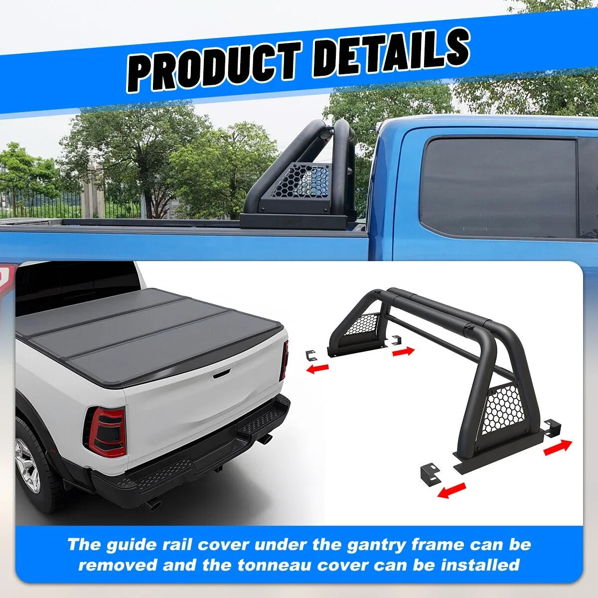2019-2023 For 62.9-74.7" Truck Bed Bar Ranger Ford Fit Rack Adjustable Sport Chase Roll Bar
