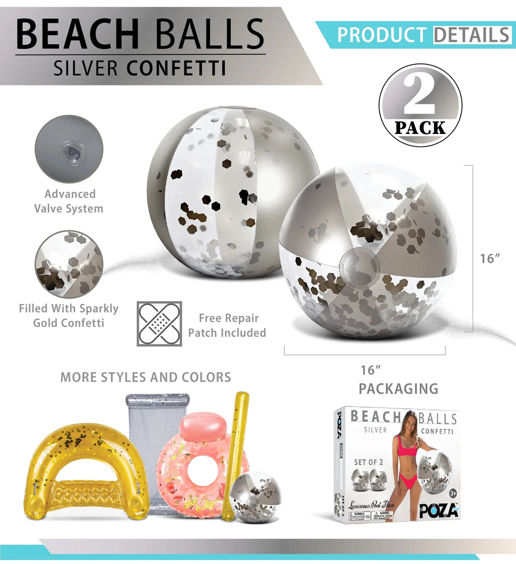 Confetti Duty 4 Vacation, Silver - Pack Premium of Bundle Fun Toys Party, 4 Set Beach, & Lake, Balls Balls, Beach Water for Pool Gold 16 Inch, Inflatable Size - Pool Decor Float Heavy Mozlly of