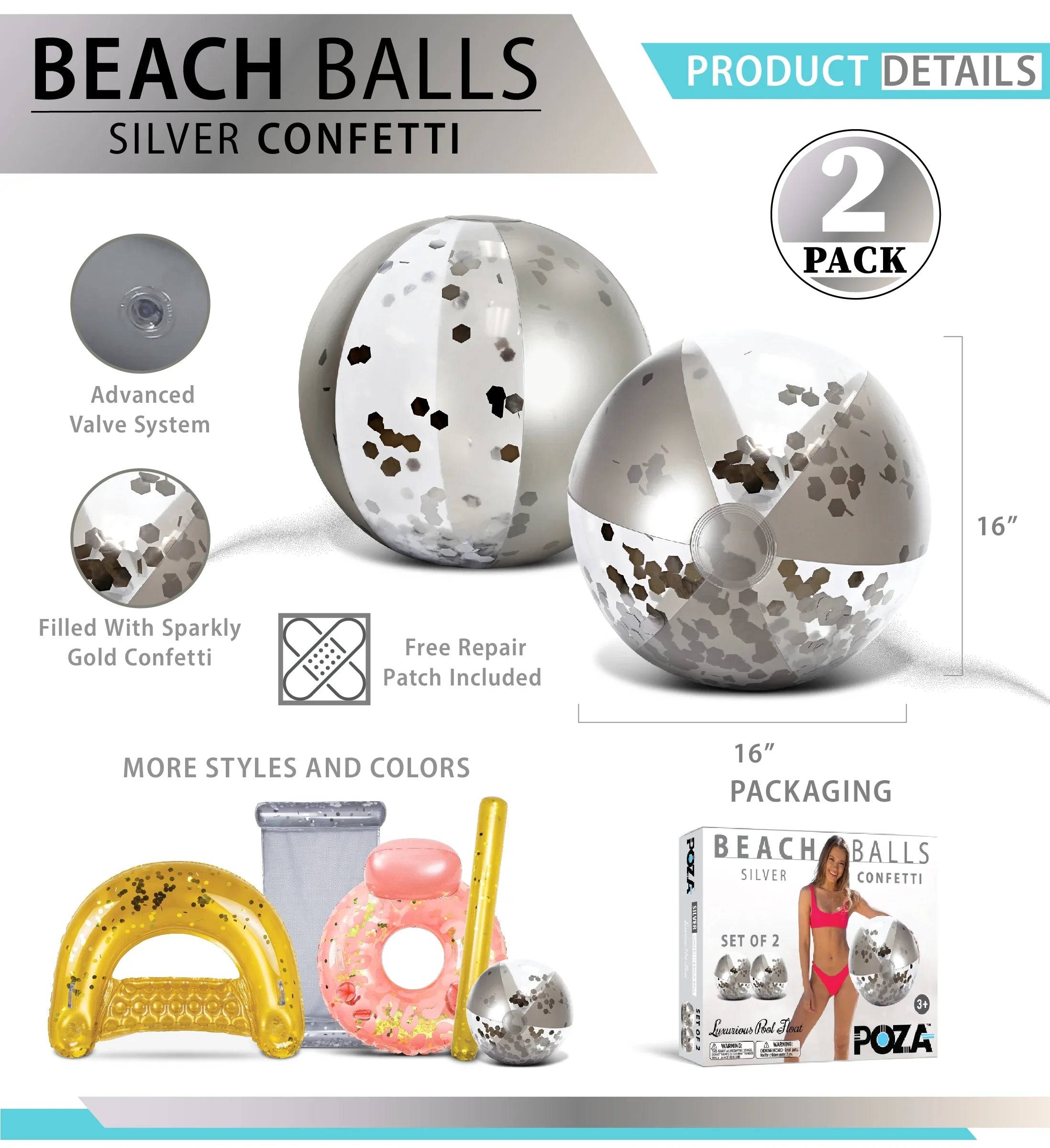 Confetti Duty 4 Vacation, Silver - Pack Premium of Bundle Fun Toys Party, 4 Set Beach, & Lake, Balls Balls, Beach Water for Pool Gold 16 Inch, Inflatable Size - Pool Decor Float Heavy Mozlly of