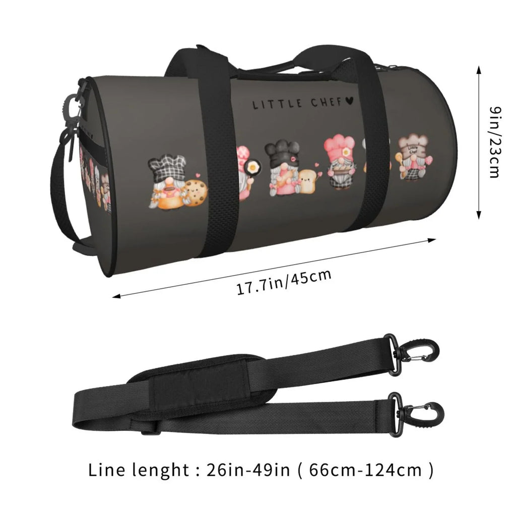 Sports Travel Bag Cylinder Baker Luggage Bag Compartment Pocket Capacity Bag Waterproof with Gnome and Coaee Large Gym