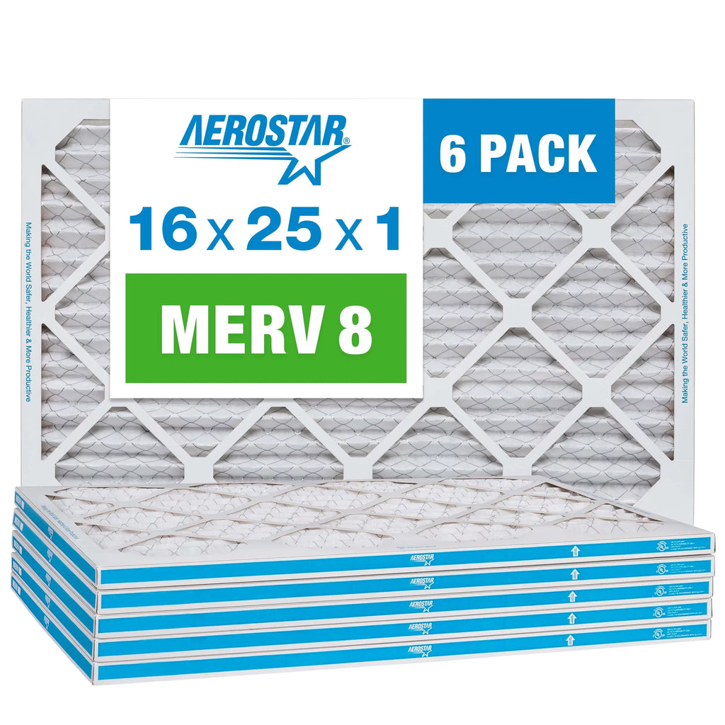 16x25x1 Air Air 6 AC Furnace Filter, Pack 8 MERV Filter, Aerostar Pleated